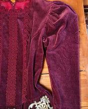 Load image into Gallery viewer, Authentic 1970’s vintage burgundy velveteen Gunne Sax midi dress
