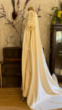 Load image into Gallery viewer, 1960’s Vintage Ivory Linen and Fern Lace Shift Dress and Trained Vest Bridal Set
