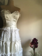 Load image into Gallery viewer, Authentic 1980’s Vintage White Satin and Lace Gunne Sax Strapless Dress
