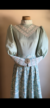 Load image into Gallery viewer, Sale~ Handmade 1970’s Vintage Sea Foam Green Calico Puff Sleeve Midi Dress
