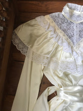 Load image into Gallery viewer, Authentic 1970’s Vintage Ivory Satin and Lace Gunne Sax Bridal dress
