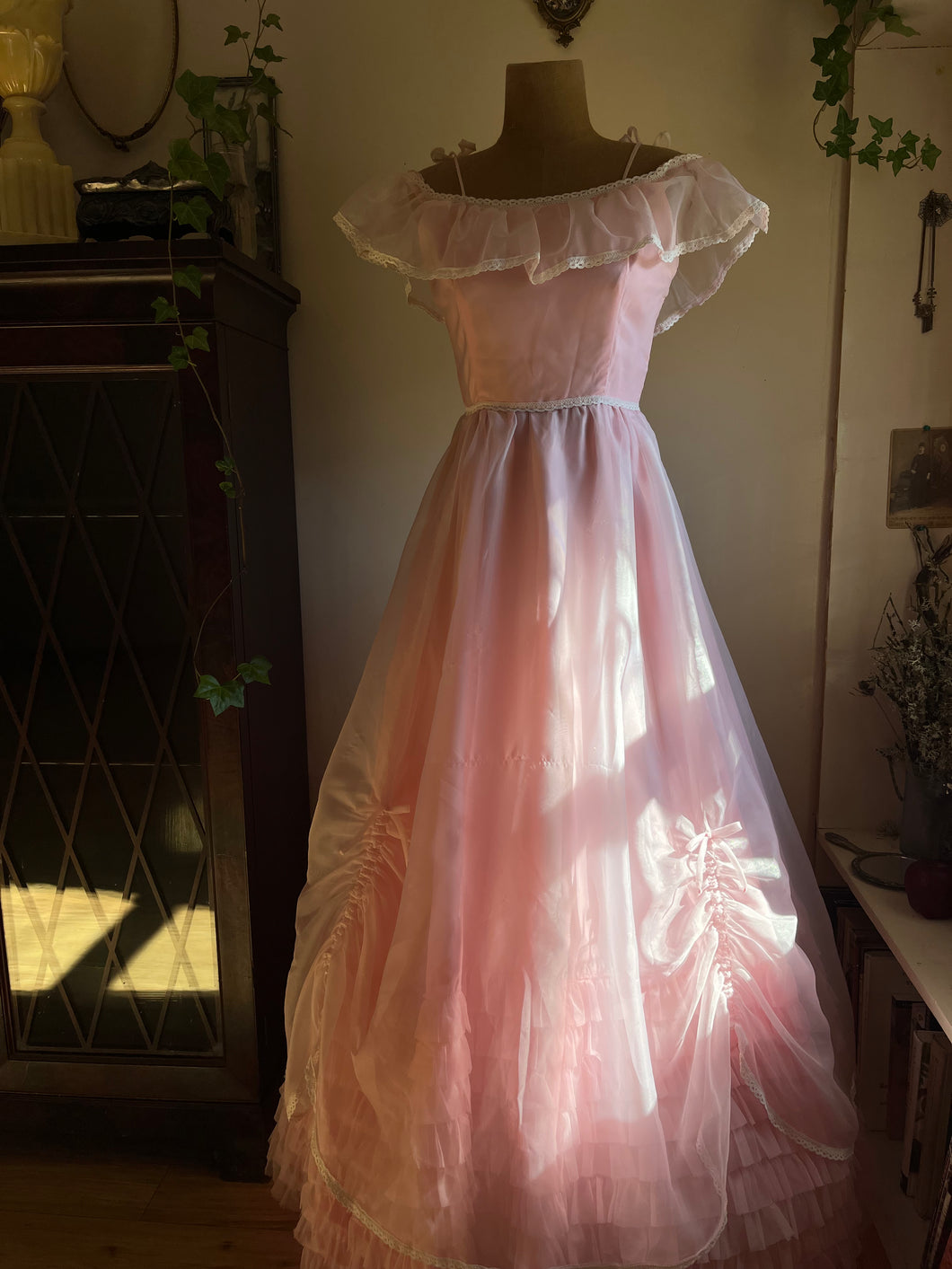 1970’s Vintage Pink Chiffon Ruffle Gown
