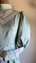 Load image into Gallery viewer, Sale~ Handmade 1970’s Vintage Sea Foam Green Calico Puff Sleeve Midi Dress

