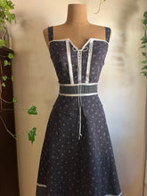 Load image into Gallery viewer, Authentic 1970&#39;s vintage coal black calico Gunne Sax midi peplum sundress
