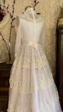Load image into Gallery viewer, Dreamy 1970’s Vintage Lace and Pearl Wedding Gown with Train
