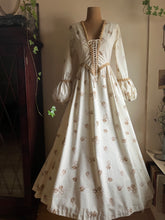 Load image into Gallery viewer, Medieval 1960&#39;s vintage Ivory Flocked Poplin black label Gunne Sax dress
