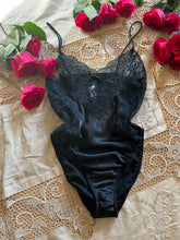 Load image into Gallery viewer, 1980’s Vintage Black Satin High Cut Teddy by Laura Faye
