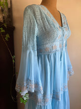 Load image into Gallery viewer, 1970’s Vintage Sky Blue smocked Angel Sleeve Maxi Dress
