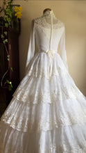 Load image into Gallery viewer, Dreamy 1970’s Vintage Lace and Pearl Wedding Gown with Train

