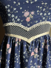 Load image into Gallery viewer, Tiny Authentic 1970’s Vintage Navy Calico Gunne Sax Midi Dress
