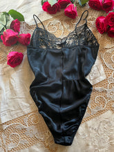 Load image into Gallery viewer, 1980’s Vintage Black Satin High Cut Teddy by Laura Faye
