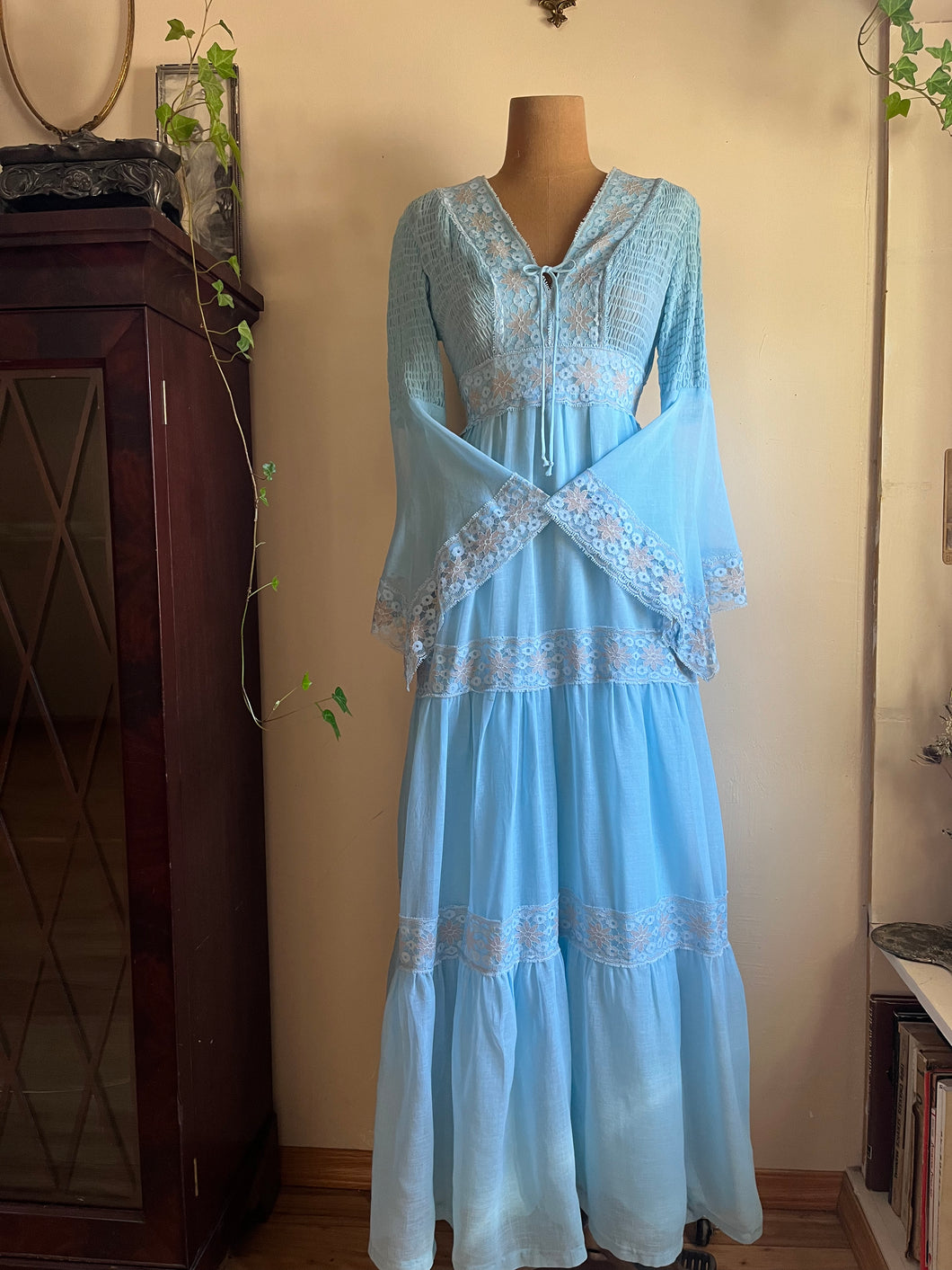1970’s Vintage Sky Blue smocked Angel Sleeve Maxi Dress