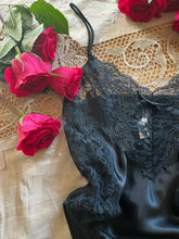 Load image into Gallery viewer, 1980’s Vintage Black Satin High Cut Teddy by Laura Faye

