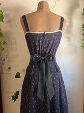 Load image into Gallery viewer, Authentic 1970&#39;s vintage coal black calico Gunne Sax midi peplum sundress
