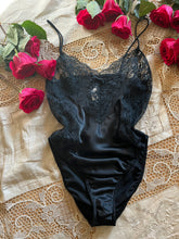 Load image into Gallery viewer, 1980’s Vintage Black Satin High Cut Teddy by Laura Faye
