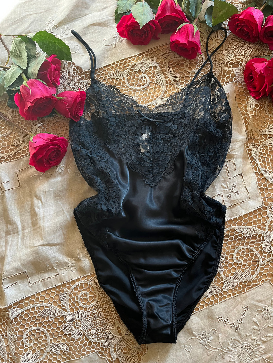 1980’s Vintage Black Satin High Cut Teddy by Laura Faye