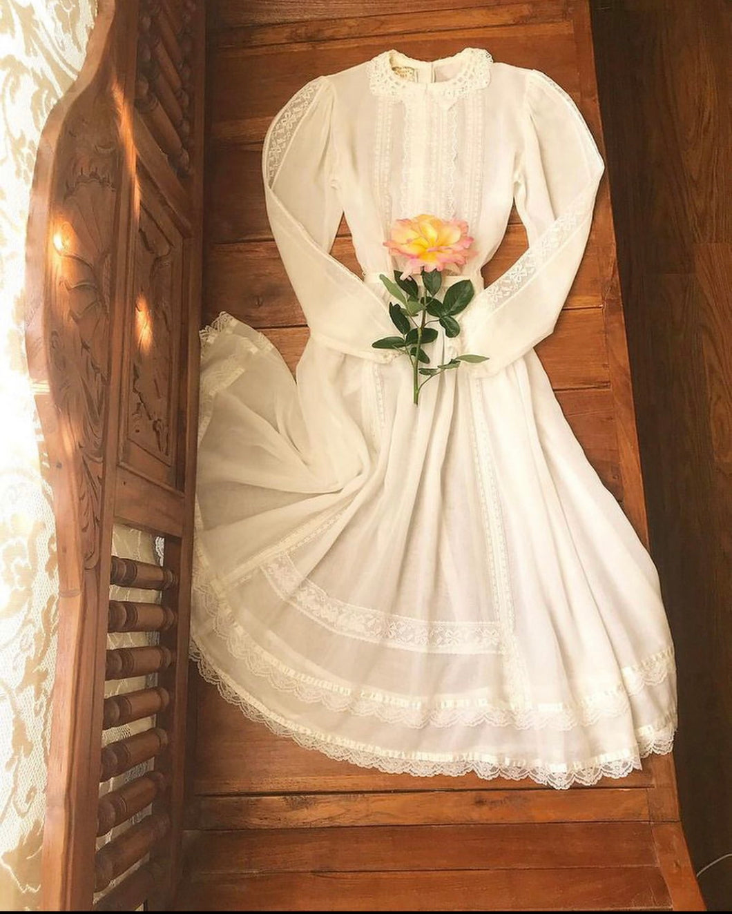 Authentic 1970s Vintage Sheer Ivory Midi Gunne Sax Dress