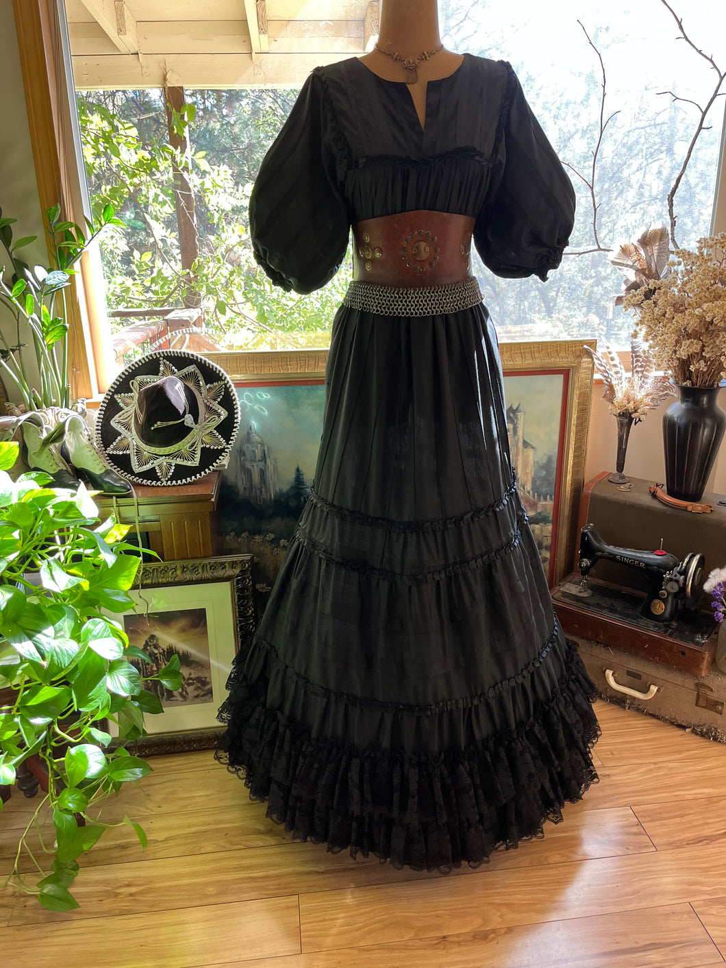 Authentic 1970’s Vintage Black Cotton Ruffle Dress by Fernando Huertas