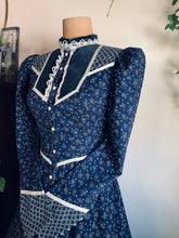 Load image into Gallery viewer, Authentic 1970’s vintage navy calico Gunne Sax midi duster dress
