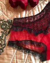 Load image into Gallery viewer, Authentic 1960’s vintage red chiffon and black lace panties
