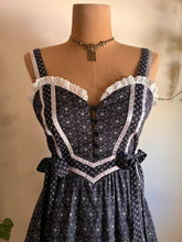 Load image into Gallery viewer, Authentic 1970&#39;s vintage black snowflake calico Gunne Sax maxi sundress
