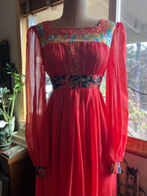 Load image into Gallery viewer, 1970’s Vintage Strawberry Voile and Bird Print Batik Young Edwardian Maxi Dress
