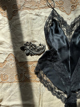 Load image into Gallery viewer, Deadstock 1980’s vintage Black Satin and Lace teddy by Ms Leslee

