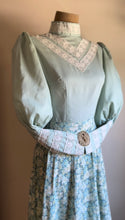 Load image into Gallery viewer, Sale~ Handmade 1970’s Vintage Sea Foam Green Calico Puff Sleeve Midi Dress

