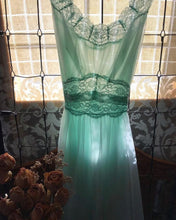 Load image into Gallery viewer, 1960’s Vintage mint green chiffon Vanity Fair peignoir nightgown and robe set
