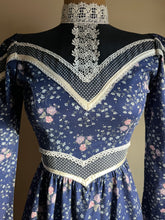 Load image into Gallery viewer, Tiny Authentic 1970’s Vintage Navy Calico Gunne Sax Midi Dress
