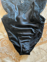 Load image into Gallery viewer, 1980’s Vintage Black Satin High Cut Teddy by Laura Faye
