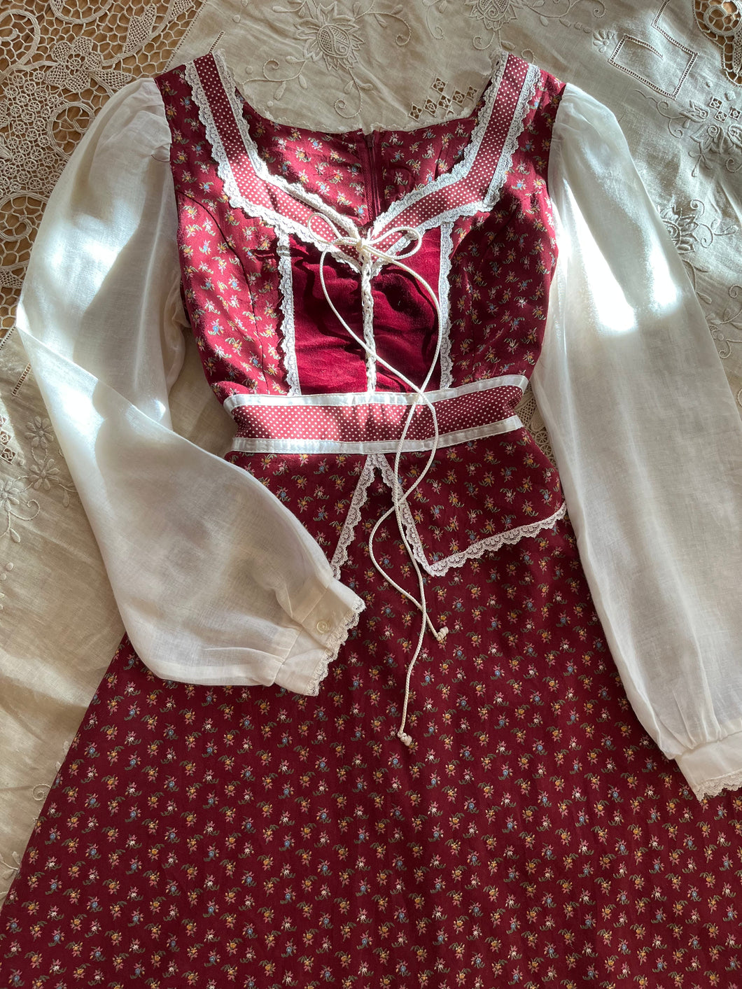 Darling Red Calico and velveteen Peplum Gunne Sax Midi Dress