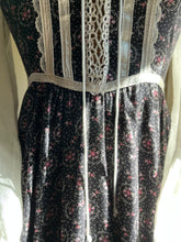 Load image into Gallery viewer, Authentic 1970’s Vintage Black Calico Gunne Sax Maxi Dress
