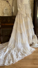 Load image into Gallery viewer, Dreamy 1970’s Vintage Lace and Pearl Wedding Gown with Train

