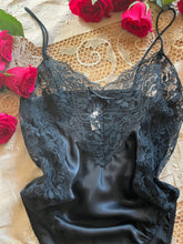 Load image into Gallery viewer, 1980’s Vintage Black Satin High Cut Teddy by Laura Faye

