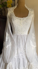 Load image into Gallery viewer, Dreamy 1970’s Vintage Lace and Pearl Wedding Gown with Train
