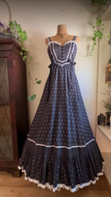 Load image into Gallery viewer, Authentic 1970&#39;s vintage black snowflake calico Gunne Sax maxi sundress
