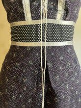 Load image into Gallery viewer, Authentic 1970&#39;s vintage coal black calico Gunne Sax midi peplum sundress
