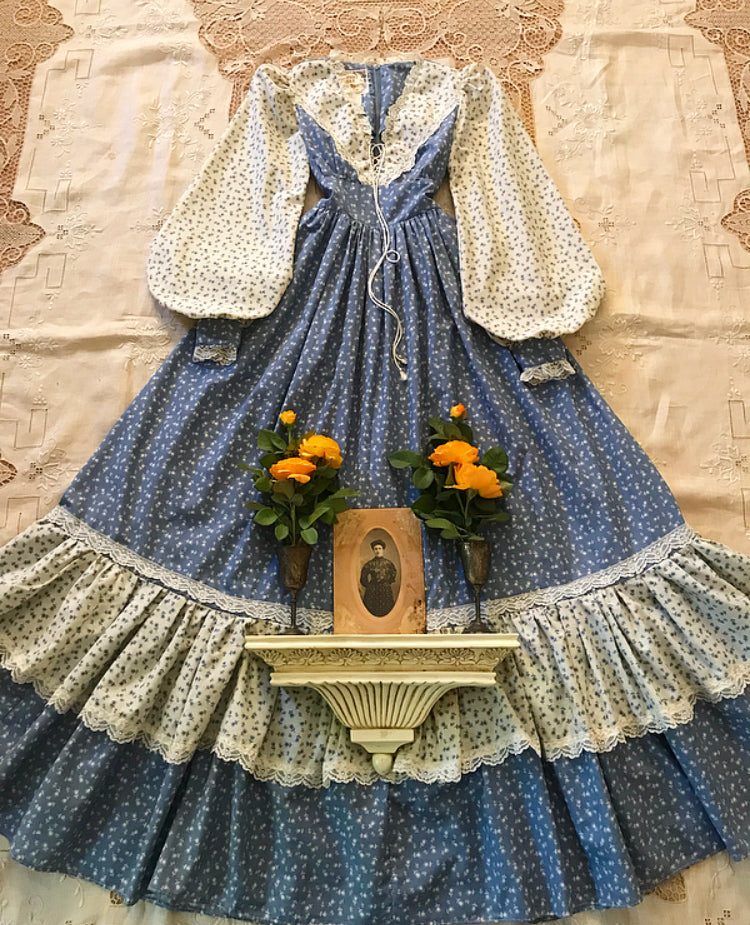 Authentic 1970's vintage dusty eggshell blue floral Gunne Sax maxi dress