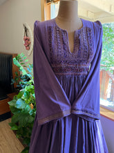 Load image into Gallery viewer, 1970’s Vintage purple cotton dress with old tribal embroidery
