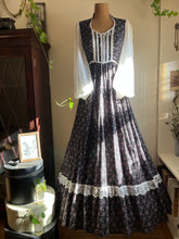 Load image into Gallery viewer, Authentic 1970’s Vintage Black Calico Gunne Sax Maxi Dress
