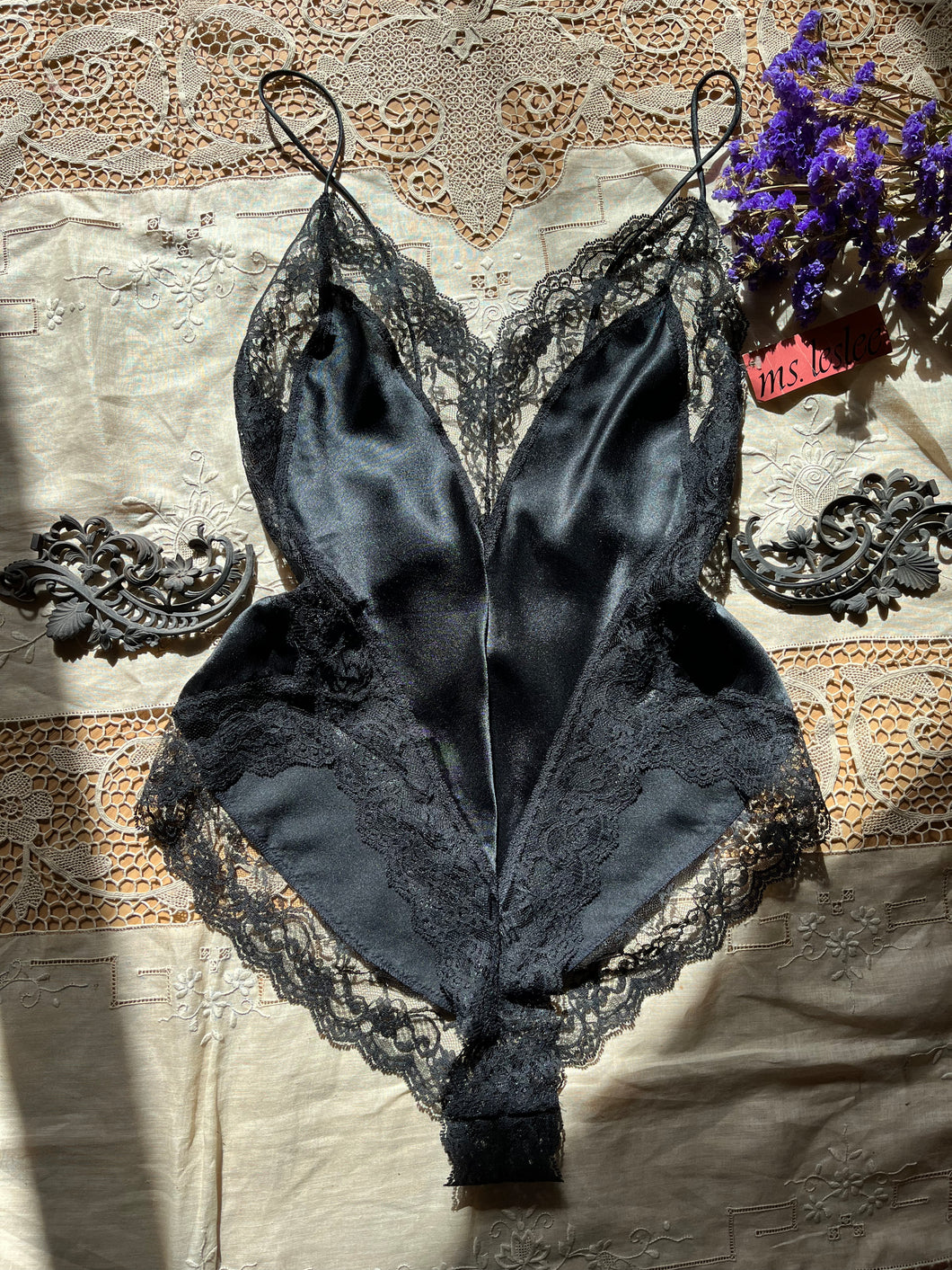 Deadstock 1980’s vintage Black Satin and Lace teddy by Ms Leslee