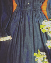 Load image into Gallery viewer, Authentic 1970’s 1980’s vintage denim and crochet dress by Act 1
