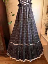 Load image into Gallery viewer, Authentic 1970&#39;s vintage black snowflake calico Gunne Sax maxi sundress
