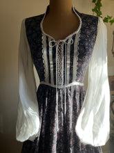 Load image into Gallery viewer, Authentic 1970’s Vintage Black Calico Gunne Sax Maxi Dress
