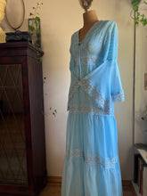 Load image into Gallery viewer, 1970’s Vintage Sky Blue smocked Angel Sleeve Maxi Dress
