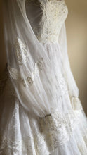 Load image into Gallery viewer, Dreamy 1970’s Vintage Lace and Pearl Wedding Gown with Train
