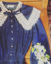 Load image into Gallery viewer, Authentic 1970’s 1980’s vintage denim and crochet dress by Act 1
