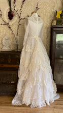 Load image into Gallery viewer, Dreamy 1970’s Vintage Lace and Pearl Wedding Gown with Train
