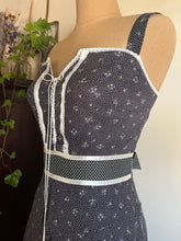 Load image into Gallery viewer, Authentic 1970&#39;s vintage coal black calico Gunne Sax midi peplum sundress
